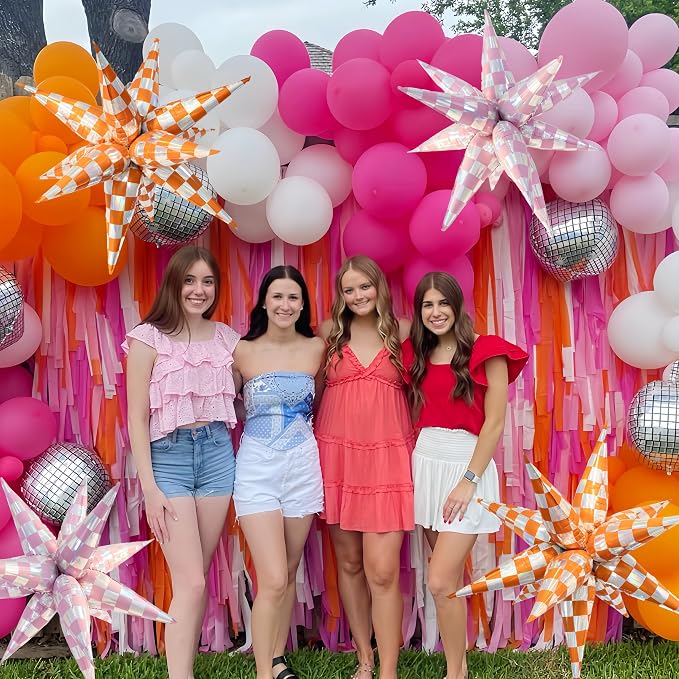 2 * 12Pcs Orange Silver Holographic Explosion Pointed Star Foil Balloons/Football Game Day/The Life of A Showgirl Party/Tay*lor Sunset Coastal Birthday, Glam Showgirl Era Party (2Pcs Orange Laser)