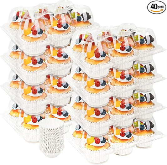 6 Count Cupcake Containers 40 Pack Cupcake Holders Clear Plastic Stackable Cupcake Boxes with Detachable Tall Dome Lids for 240 Cupcakes, BPA Free, Standard Size