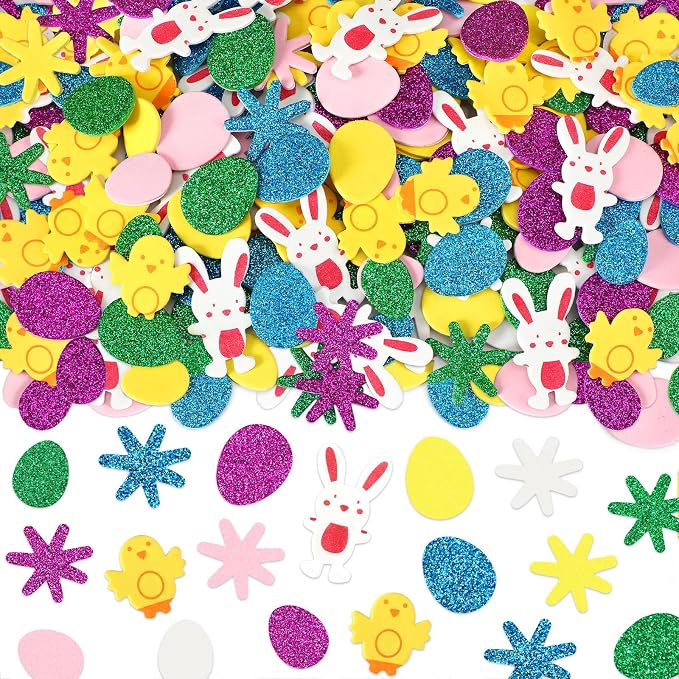 600Pcs Easter Foam Stickers Glitter Bunny Eggs Chick Stickers | Self-Adhesive Easter Egg Flower Decal for Kids, Handmade Card DIY Arts Crafts, Spring Party Favors Decorations