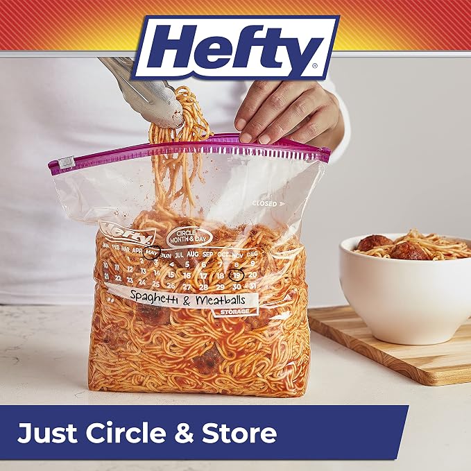 Hefty Calendar Slider Gallon Storage Bags, 30 Count (Pack of 4), Gallon Slider Bags with Calendar Dates, Holds Raw Meat, Breads, Fruits and Veggies, Zip and Click Closure, 120 Total Count