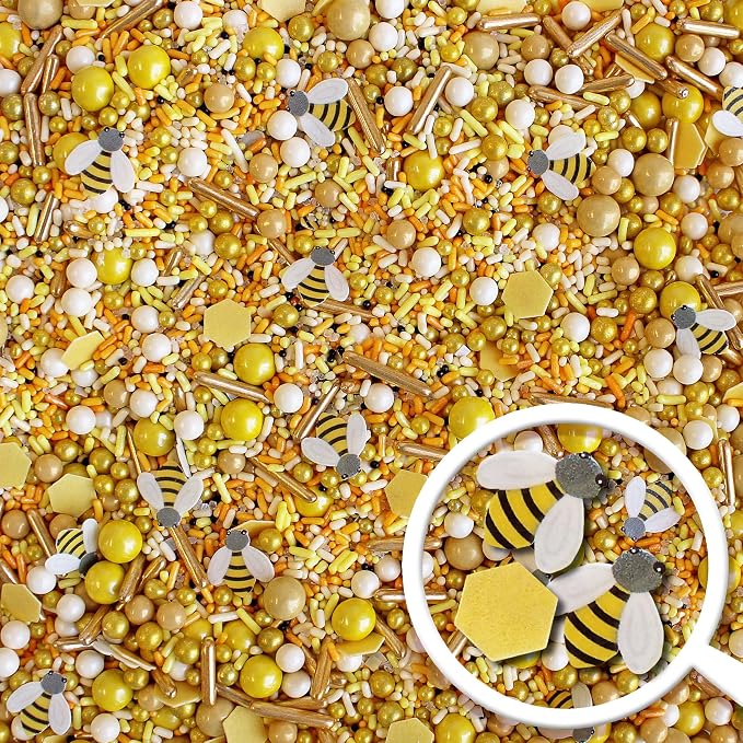 Sprinkle Pop Honey Bee Sprinkle Mix| Yellow Gold Sprinkles with ~10 Bees Honeycomb Wafer Papers, Black Pops and Cream Hues| Summer Sprinkles Made in USA for Decorating Cakes Cupcakes Cookies, 2oz
