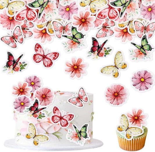 48Pcs Edible Flowers Blossom Cupcake Toppers Butterfly Edible Cupcake Toppers Floral Butterflies Drink Topper for Spring Baby Shower Floral Wedding Girls Birthday Mother's Day Cupcake Decorations