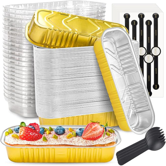 NPLUX Mini Loaf Pans with Lids and Spoons Rectangular Aluminum Foil Baking Pans Mini Cheesecake Containers 6.8oz, Graduation Gifts Party Favors(60 Pack, Gold)