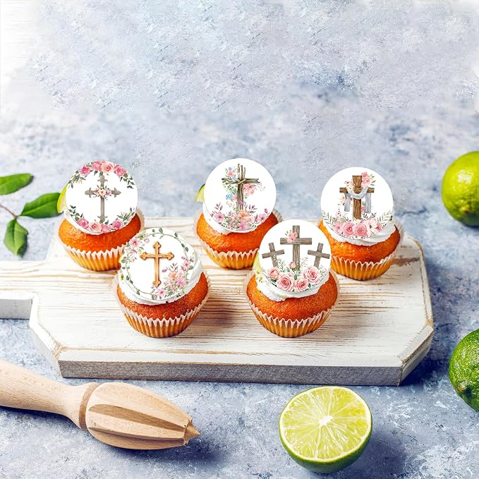 64 PCS Edible Floral Cross Cupcake Toppers Greenery Chapel of the Holy Cross Cupcake Picks Edible God Bless Christian Baptism Cake Decorations for First Communion Baby Shower Birthday Party Supplies