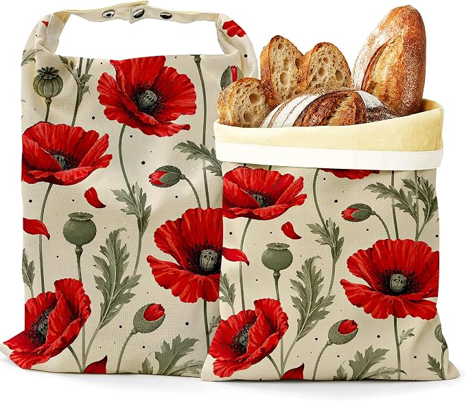 2 Pack Beeswax Red Poppy Bread Bags for Sourdough Homemade Breads, Reusable Beeswax Bread Floral Leaves Storage Bag, Keep Loaves Fresh Longer, Freezer Safe & Airtight, Zero Waste 17 x 13''