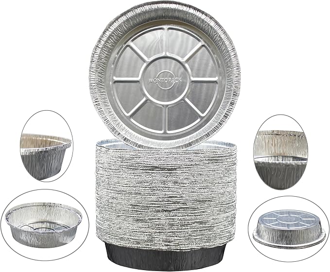 MontoPack 9 Inch Round Tin Foil Pans Disposable Aluminum - Freezer & Oven Safe - For Baking, Cooking, Storage & Reheating (100)