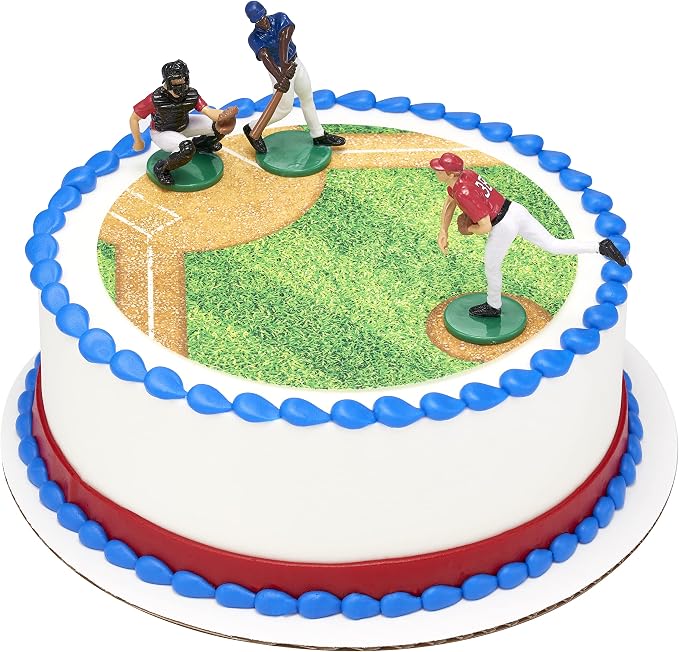 DecoSet® Batter Up 3 Piece Decorations Set, Cake and Cupcake Toppers for Baseball Themed Birthdays, Celebrations, and Parties, Food Safe, Re-usable, Red, Blue