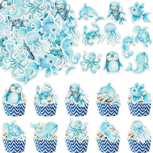 Gyufise 60Pcs Edible Ocean Sea Animal Cupcake Toppers Shark Dolphin Starfish Octopus Seahorse Cupcake Picks Baby Shower Cake Decorations for Under the Sea Theme Birthday Party Supplies
