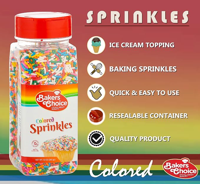Bakers Choice Rainbow Sprinkles for Baking - Rainbow Jimmies Sprinkles for Ice Cream Toppings - Dairy Free, Kosher 10 Ounce
