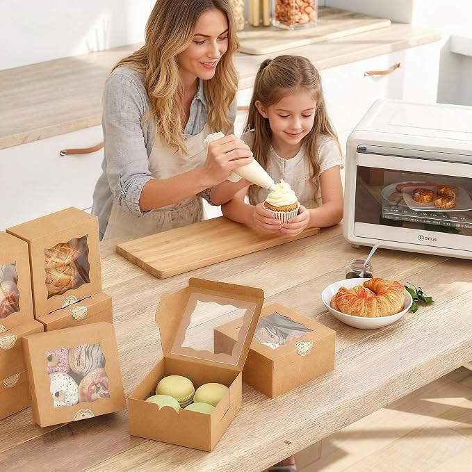 50Pcs 6x6x3 Inch Cookie Boxes With Window Boxes for Baked Goods | Brown,Food Grade Kraft,Bakery Boxes for Cookies Donuts,with Stickers and Twine,Dessert Boxes for Treats Gift Giving Party