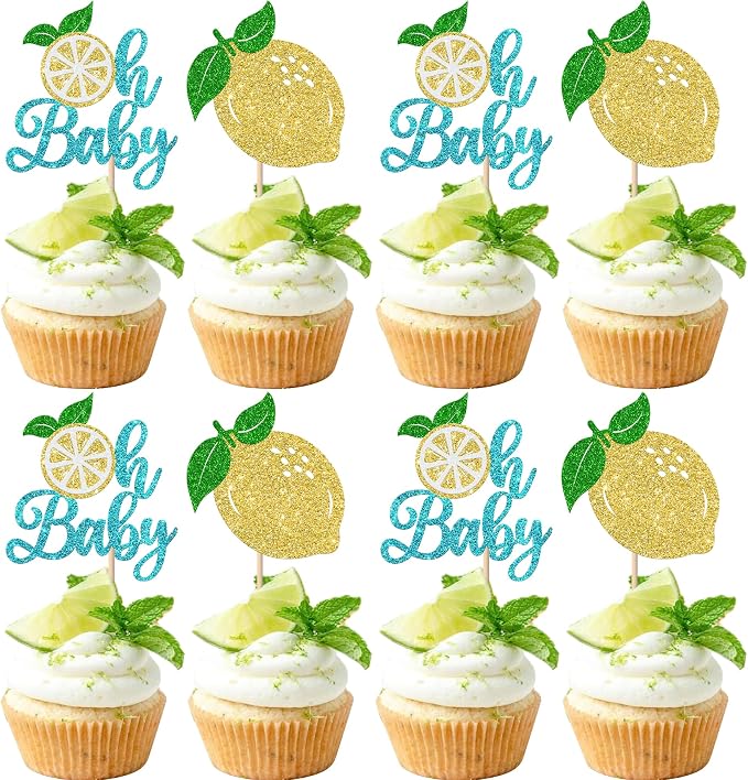 Rsstarxi 24 Pack Lemon Oh Baby Cupcake Toppers Fruit Theme Oh Baby Lemonade Cupcake Picks Decorations for Lemon Theme Baby Shower Kids Birthday Party Cake Decorations Blue