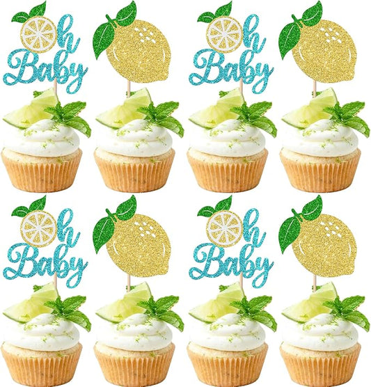 Rsstarxi 24 Pack Lemon Oh Baby Cupcake Toppers Fruit Theme Oh Baby Lemonade Cupcake Picks Decorations for Lemon Theme Baby Shower Kids Birthday Party Cake Decorations Blue