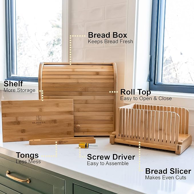Bread Box & Bread Slicer, Bread Box for Kitchen Countertop. Roll Top, Bread Tong, 2 Layer Bread Box, Double Breadbox Bread Storage, Extra Large Bread Container
