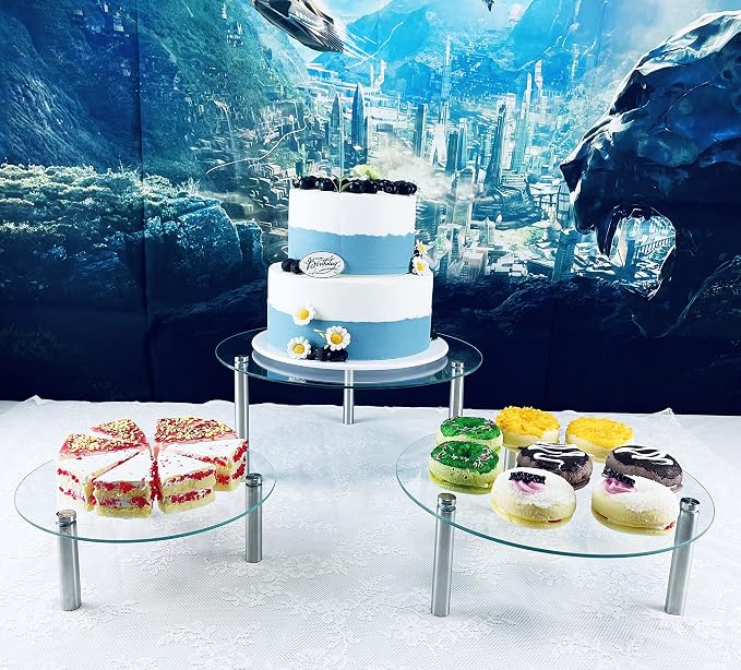 3 Pcs Round Tempered Glass Cake Stands Set 8 10 13 Inch Cupcake Display Stand Plate for Dessert Table Serving Platter