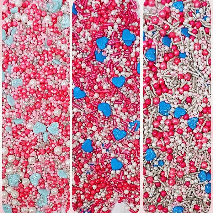 Confect Blue, Pink & White Pearl Heart Sprinkles Mix – Edible Baking Decorations for Cakes, Cupcakes, Cookies – Baby Shower & Frozen Theme Sprinkles with Silver Sparkling Sugar – Pack of 5 - Vegan, Gluten-Free, Nut-Free, Soy-Free, Dairy-Free, Palm Oil-...