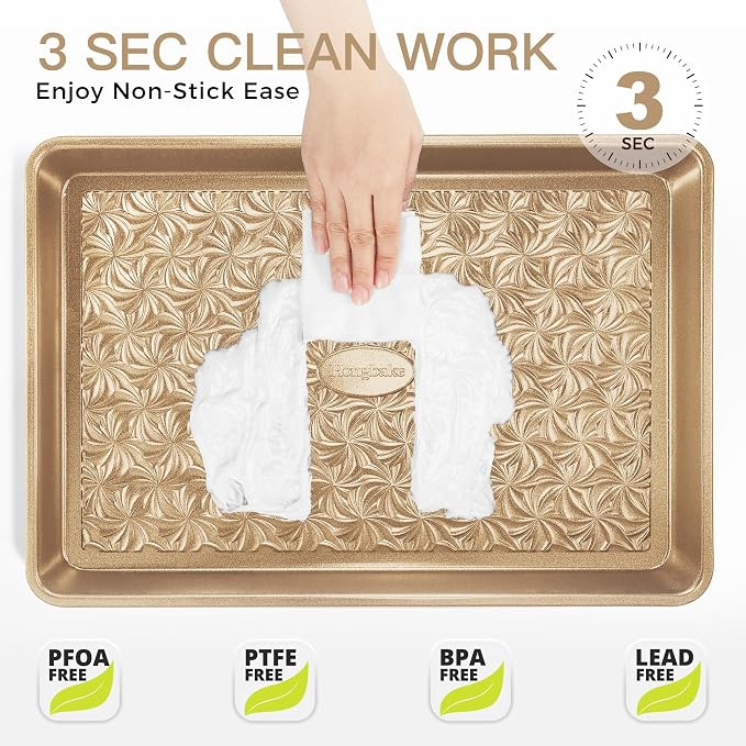 HONGBAKE Nonstick Baking Sheet Pan Set of 3, Cookie Sheets for Oven, Non-Toxic Half/Quarter/Jelly Roll Pans with Floral Swirl Texture, Heavy Duty 0.8mm Thick Oven Trays for Cooking, Antique Gold