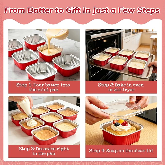 NPLUX 50 Pcs Mini Square Baking Cups with Lids and Spoons Aluminum Foil Mini Cake Pans with Lids Disposable Ramekins Cake Pans Dessert Cups for Wedding, Graduation Gifts Party Favors(Red,10oz)