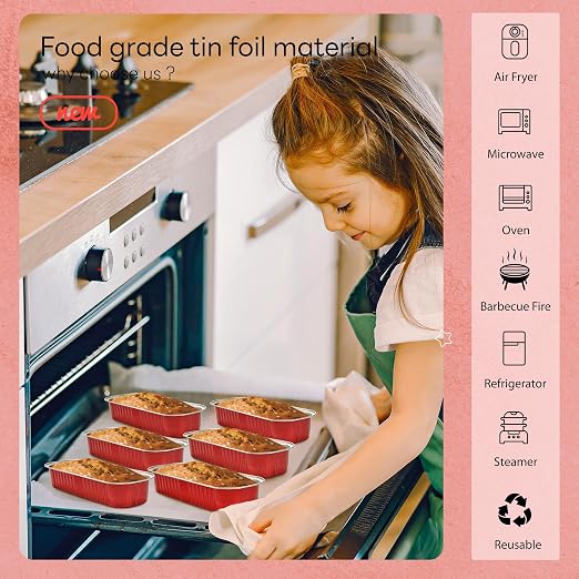 NPLUX 50 PACK Mini Cake Pans with Lids and Spoons, Rectangular Aluminum Foil Bread Pan, Mini Loaf Pans and Food Containers with Lids for Graduation Gifts Party Favors(Red, 6.8oz)