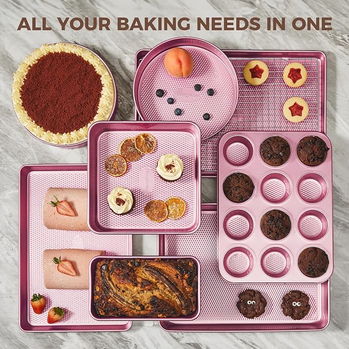 HONGBAKE 9-Piece Baking Pans Set Nonstick, Stackable Non Toxic Bakeware Sets with Diamond Texture, Oven Pan Set for Cooking, Includes Cookie Sheet with Rack, Cake Pan, Roasting Pan, Muffin Tin, Pink