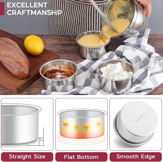 Onader Mini Round Cake Pan Set for Baking, 4 Inch Stainless Steel Baking Pan Tin Set of 3