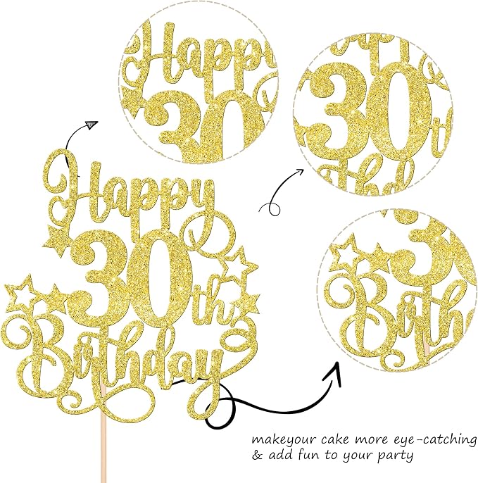1 PCS Happy 30th Birthday Cake Topper Glitter Cheers to 30 Years Birthday Cake Pick Hello 30 Fabulous Cake Decoration for Happy 30th Birthday Anniversary Party Decorations Supplies Gold