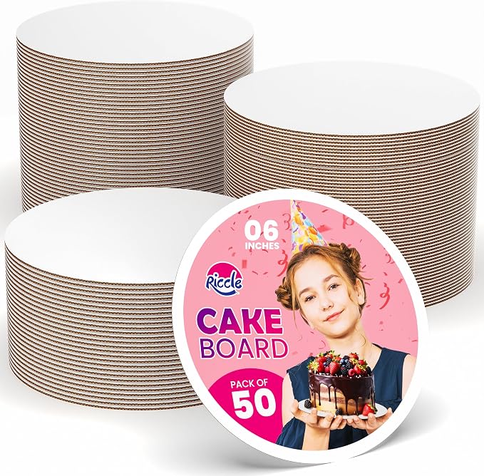 Riccle Cake Boards 6 Inch Round Pack of 50- Smooth Edged 6" Board, Disposable - Sturdy - White Cardboard Circles -Food Grade (6 Inch)