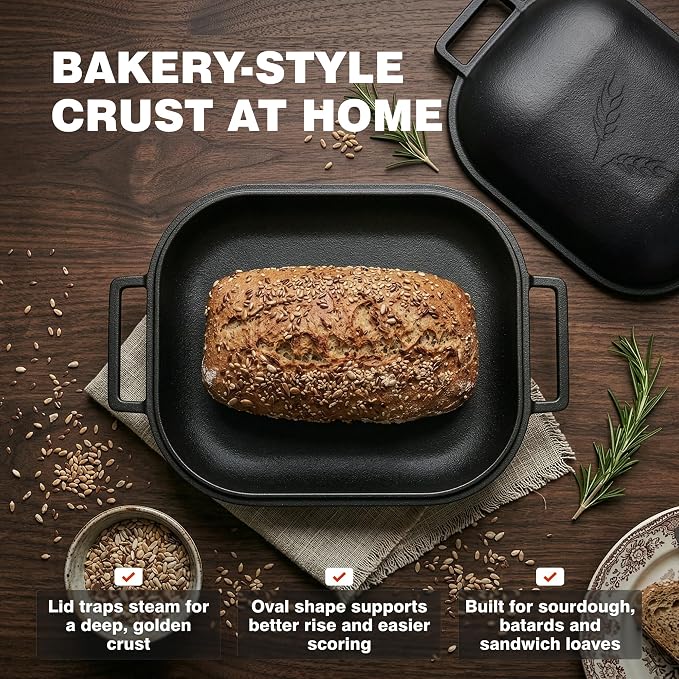 KUHA Cast Iron Bread Oven with Lid | Oval Sourdough Dutch Oven for Bread Baking | Pre-Seasoned Cast Iron Bread Pan | Bread Lame Included