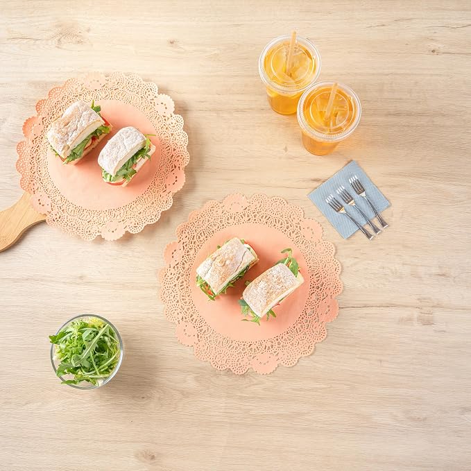 Restaurantware-Pastry Tek 12 x 12 Inch Paper Lace Doilies, 4000 Disposable Table Doilies - Elegant Lace Finish, Long Lasting, Coral Paper Placemat, for Pastries, Cupcakes, Desserts