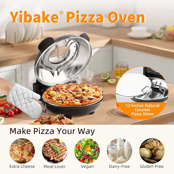 Electric-Pizza-Oven, 12'' Indoor-Electric-Pizza-Maker, 1200W Countertop Pizza Maker Machine with Dual Temp Control, Crispy Crust Pizzas in Minutes, Black