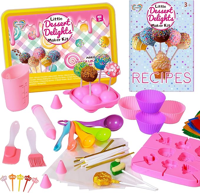 Carolart Cake Pop & Chocolate Lollipop Making Kit , Baking Set for Kids | 76-piece baking kit with storage box, silicone molds, recipe book, decorating tools and kids baking supplies