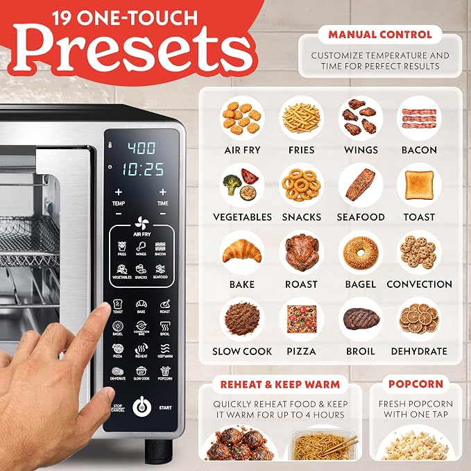 Gourmia Air Fryer French Door Toaster Oven - 6-Slice Capacity, LED Display with 19 Cooking Presets, Stainless Steel