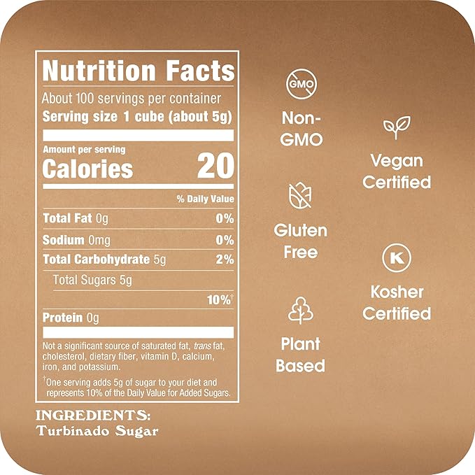 In The Raw Turbinado Cane Sugar Cubes, 17.6 oz. Box, 12 Pack, Pure, All-Natural Turbinado Sugar, Non-GMO Project Certified, Kosher, Vegan and Gluten Free