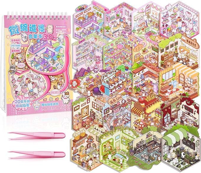 20 Sets DIY 3D Sticker Scene Collection Book DIY 3D House Stickers Make Your Own Sticker Therapy Cute Cartoon Stickers Scenes for Relief Stress Pass The Time (Pink - 20 Sets)