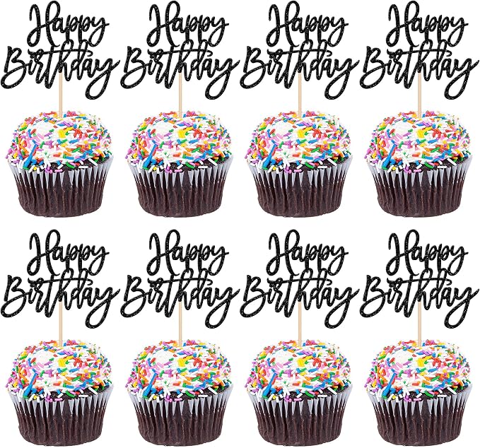 24 PCS Glitter Cupcake Toppers - Happy Birthday & Anniversary Cake Decorations - Black