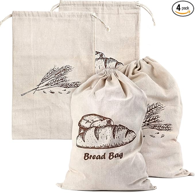 Augshy Linen Bread Bags for Homemade Bread Container, 4 Pcs 17.5 X11.5 Inches Unbleached & Reusable Bread Storage, Natural Large Storage for Artisan Bread