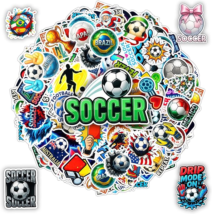 100 PCS Soccer Stickers Pack, Football Ball Sport National Flags | Vinyl Waterproof Decals Gift for Men Teens Adults Boys - Funny for Water Bottle Laptop Wall Scrapbook Luggage Birthday Decor