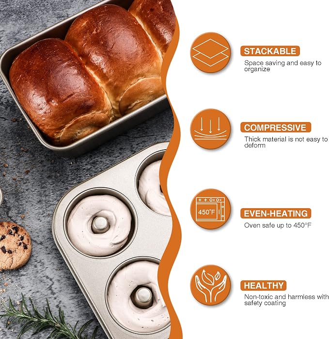 HONGBAKE Donut Pan for Baking, 2-Pack Nonstick Doughnut Pans, 6-Cavity Deep Donut Mold for Fuller Baked Cake Donuts, Heavy-Duty Carbon Steel, Oven Safe to 450°F - Bronze Gold