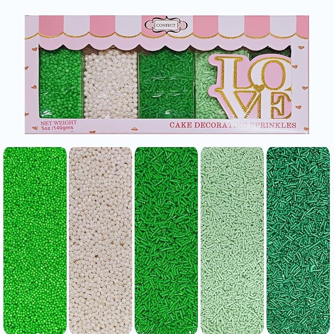 Confect St. Patrick’s Day Sprinkles Mix – Pea Green, Mint Green & White Pearl Dragees, Vermicelli, Edible Sugar Decorations – Pack of 5 for Cake, Cupcake, Cookie & Party Baking Decor | Vegan, Gluten-Free, Nut-Free, Soy-Free, Dairy-Free, Palm Oil-Free -...