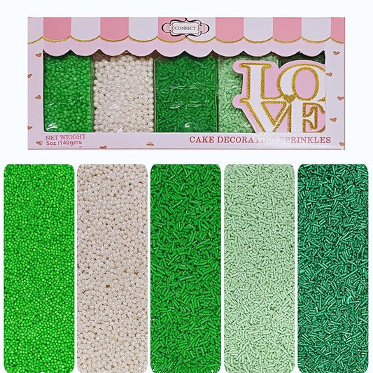 Confect St. Patrick’s Day Sprinkles Mix – Pea Green, Mint Green & White Pearl Dragees, Vermicelli, Edible Sugar Decorations – Pack of 5 for Cake, Cupcake, Cookie & Party Baking Decor | Vegan, Gluten-Free, Nut-Free, Soy-Free, Dairy-Free, Palm Oil-Free -...