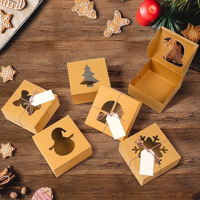 36 PCS Brown Bakery Boxes with Window, 6x6x3 Inch Christmas Cookie Boxes for Gift Giving, 6 Inch Small Treat Boxes for Mini Cake Pastry Dessert Strawberries Cupcakes Candy Donut Packaging