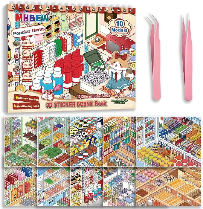10 Sets Big DIY 3D Sticker Scene Book for Kids Adults Make Your Own Shop House Stickers for Gifts Stickers Therapy for Adult Relief Stress Pass The Time Supermarket Bakery Toy Cosmetics Store