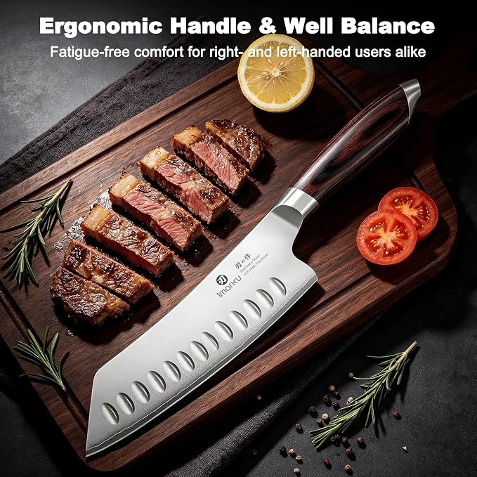 imarku Santoku Chef Knife 7 Inch, Ultra Sharp High Carbon Stainless Steel Japanese Kitchen Knife with Hollow Edge | Ergonomic Pakkawood Handle, Gift Box for Meat/Vegetables/Tomatoes & Daily Cooking
