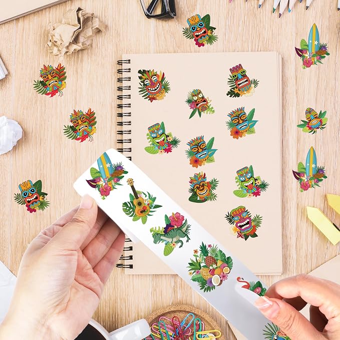 Hawaiian Luau Stickers Roll - 1000 Pcs Tropical Hawaii Stickers, Summer Waterproof Sticker for Scrapbook Journal Envelope Card Water Bottle, Party Favor Decorations