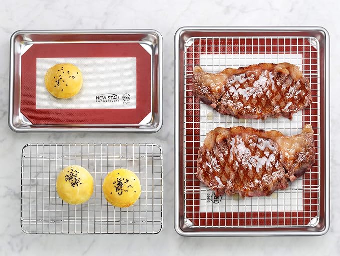 New Star Foodservice 1028768 Commercial-Grade Bun Pan/Baking Sheet, Baking Mat, Cooling Rack Combo, 1/8 and 1/4 Sizes Each