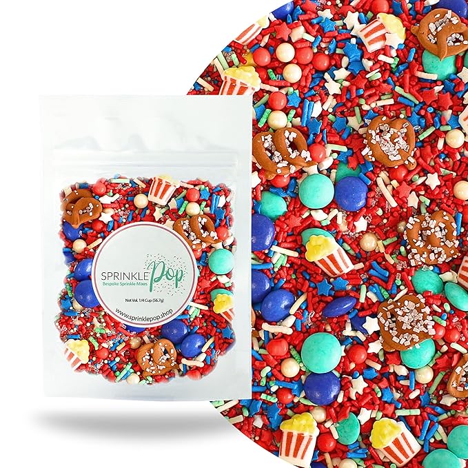 Sprinkle Pop Fairground Faves Sprinkle Mix, with ~6 Pretez & Popcorns, 2oz | fourth of July, independence, memorial, labor, veterans & patriotic day cake, cupcakes, cookies, ice cream dessert decoration