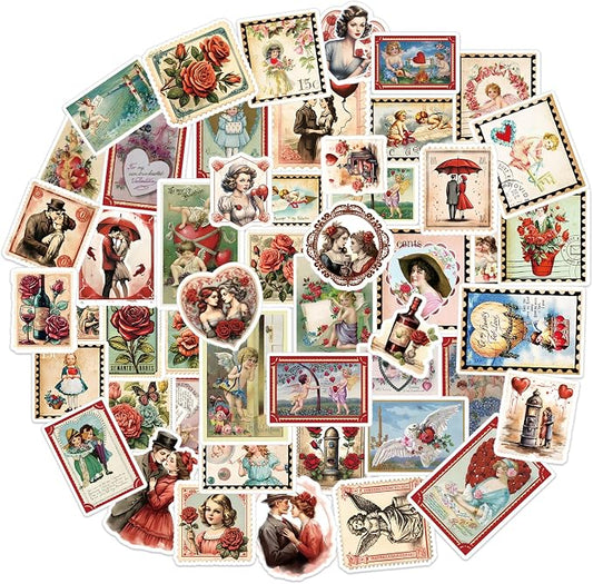 FaCraft 50PCS Vintage Stickers - Waterproof Love Stickers for Scrapbooking Aesthetic Sticker for Adults Teens Girls Couples Romantic Valentines Sticker DIY Laptop Water Bottles Envelopes Cards Guitar