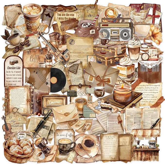 50 Pcs Vintage Cafe Themed Stickers Coffee PET Transparent for Scrapbooking, Self-Adhesive Stickers Water Bottles, Laptop,Scrapbook,Skateboard,Guitar,Phone,Sticker Collectors, DIY Lovers...(Coffee)