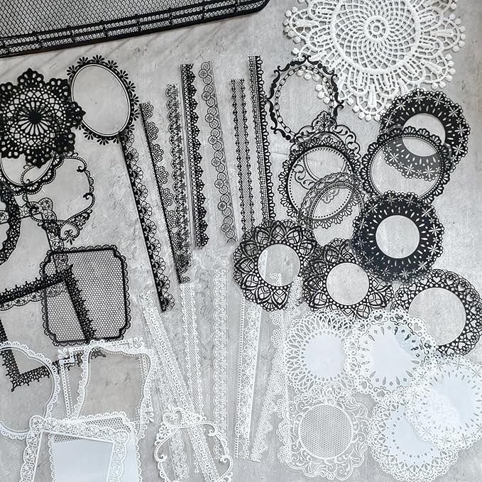 PRSTINCOL 240 PCs Lace Scrapbook Stickers,Waterproof Cutout Transparent Sticker PET Transparent Lace Stickers for Scrapbooking DIY Decoration Making Notebook Frame Album Handmade(Black and White)