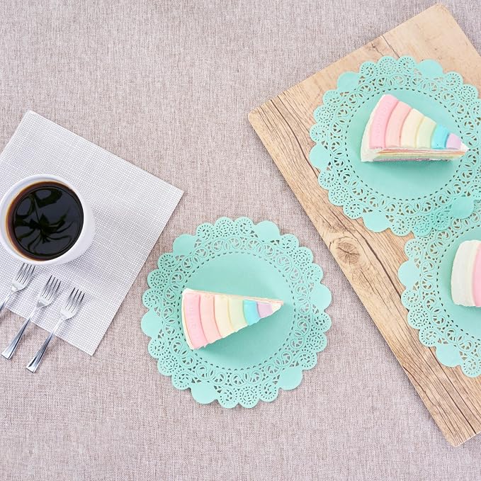 Pastry Tek 8 x 8 Inch Paper Lace Doilies, 4000 Disposable Table Doilies - Elegant Lace Finish, Long Lasting, Teal Paper Doily, for Pastries, Cupcakes, Desserts - Restaurantware