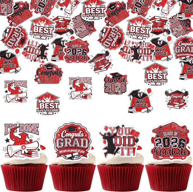 63 PCS Edible 2026 Graduation Cupcake Toppers Congrats Grad Cap Cupcake Picks Edible Diploma Done You Did it Cake Decorations for Class of 2026 Graduation Theme Party Decorations Supplies Black Red